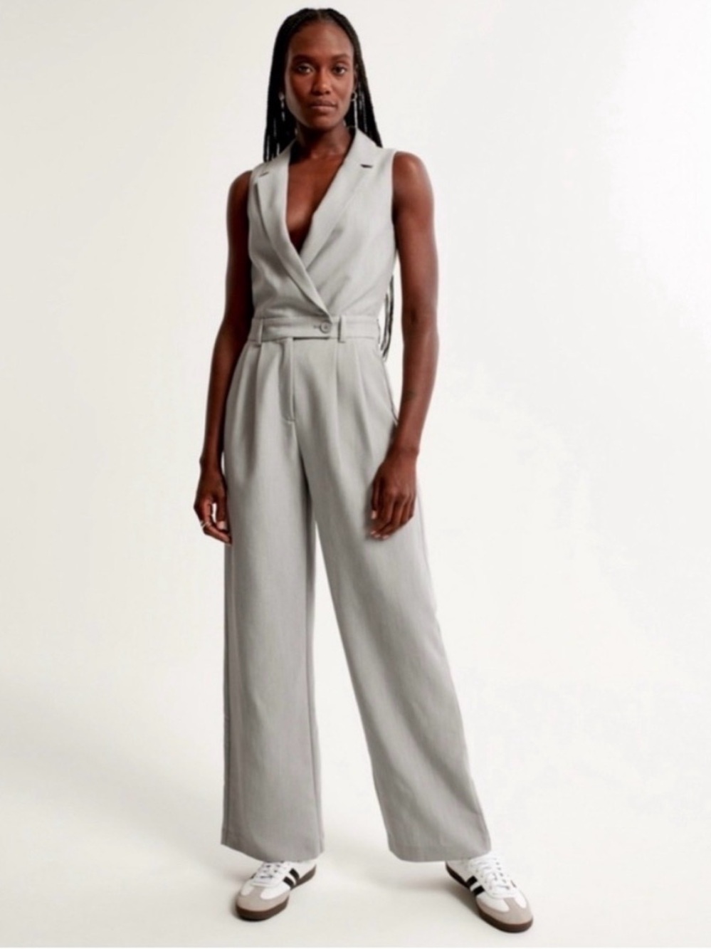 Abercrombie & Fitch Sleeveless Tailored Wide-Leg Jumpsuit in Light Gray